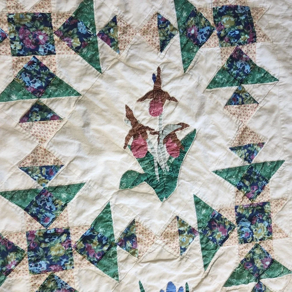 Vtg LL Bean Freeport Maine Botanical Block Applique Patchwork Quilt 62 X 80